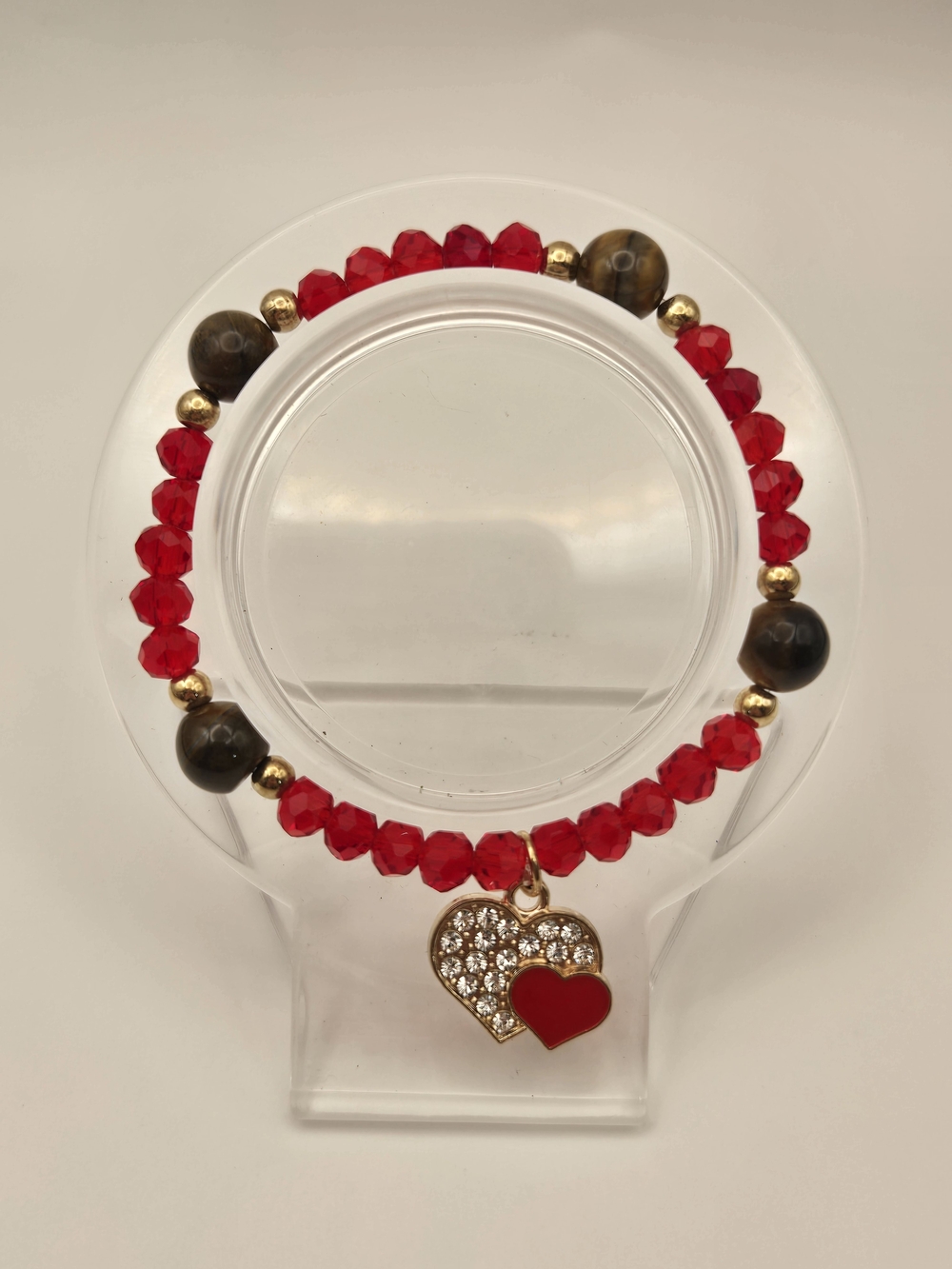 4mm/6mm Red Glass Crystal Bead Bracelet with Tigers Eye And Gold Heart Charm